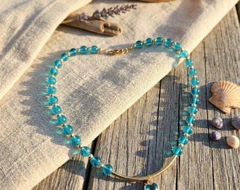 Aquamarine Blue Glass Beaded Necklace, Gold Curved Bar Heart Charm, Summertime Jewelry