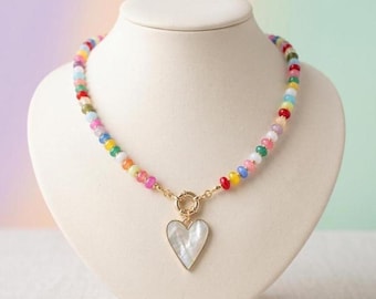 Colorful Rondelle Beaded Necklace, Mother of Pearl Heart Charm, 18k Gold Plated Choker, Coastal Beach Aesthetic, Jewelry Birthday Gift Her