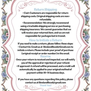 May include: A decorative, floral-themed return policy card with text in black font. The card has a pink and white border with floral accents. The text includes information on return shipping, initiating a return, and returns.