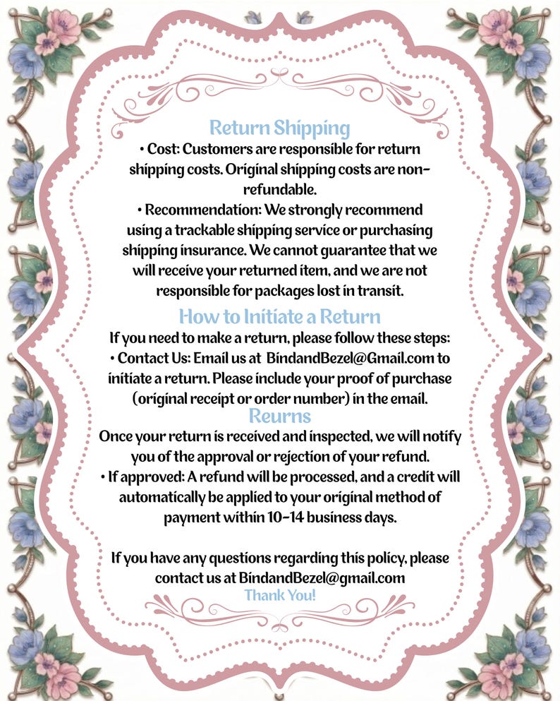 May include: A decorative, floral-themed return policy card with text in black font. The card has a pink and white border with floral accents. The text includes information on return shipping, initiating a return, and returns.