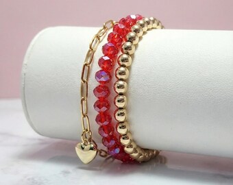 18k Gold Plated Heart Charm Bracelet Set – Red Glass Beads, Layering Jewelry