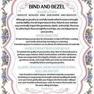 May include: A decorative sign with a pink and white floral border, offering jewelry care tips. The text includes advice on avoiding moisture, chemicals, and overstretching elastic jewelry. The sign is designed to help preserve jewelry.