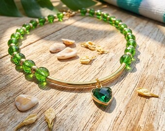 Emerald Green Necklace, Glass Beaded Choker, Gold Curved Bar Heart, Summertime Jewelry, Romantic Graduation Birthday Gift for Her