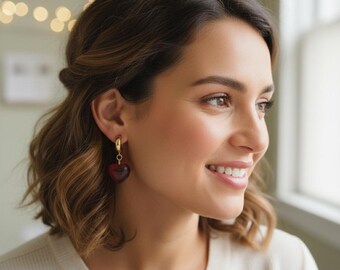 Romantic 18K Gold Plated Hoop Earrings with Dangling Red Glass Heart Beads