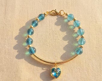 Aquamarine Blue Glass Beaded Bracelet, Gold Curved Bar Heart Charm, Summertime Jewelry