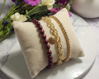18K Gold-Plated Seashell Charm Layering Set: Chain and Two Stretch Bracelets with Pearls & Beads