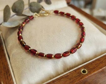 Red Glass Bead Bracelet, 18k Gold Plated Wire Jewelry, Dainty Toggle Clasp Bangle, Minimalist Layering, Romantic Anniversary Gift for Her