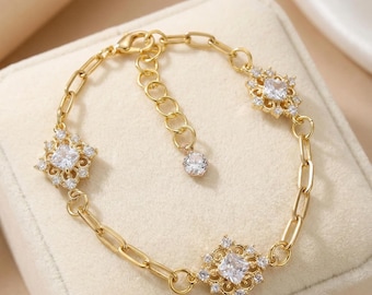 Dainty Gold Bracelet with Triple CZ Connectors