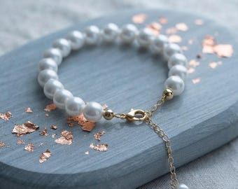 Freshwater Pearl Bracelet, 18k Gold Plated Choker Link, Dainty Bridal Jewelry, Adjustable, Wedding present Romantic Classic Anniversary Gift