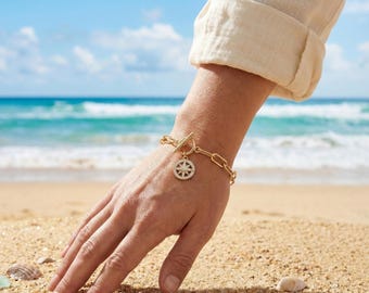 Chunky Paperclip Chain Bracelet, 18k Gold Plated Compass Charm, Nautical Sailor Jewelry, Travel, Gift for Her, Dainty Beach Aesthetic Link
