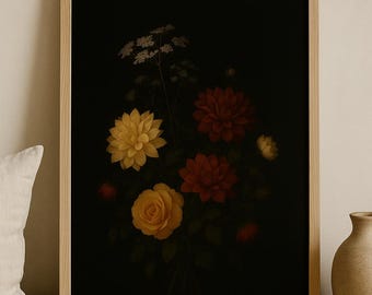 Dark Floral Still Life Art Print | Vintage Dahlia & Rose (Digital Download)