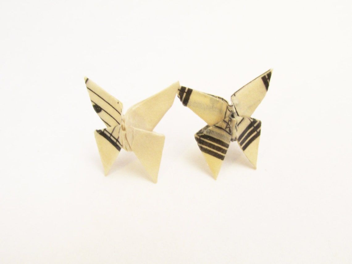 Musical Origami Paper Butterfly Earrings handmade, off White, Black Etsy