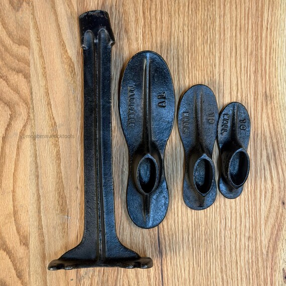 Antique Cast Iron Cobbler Stand with 3 Matching Lasts | B. Mall Shoe Repair Tool