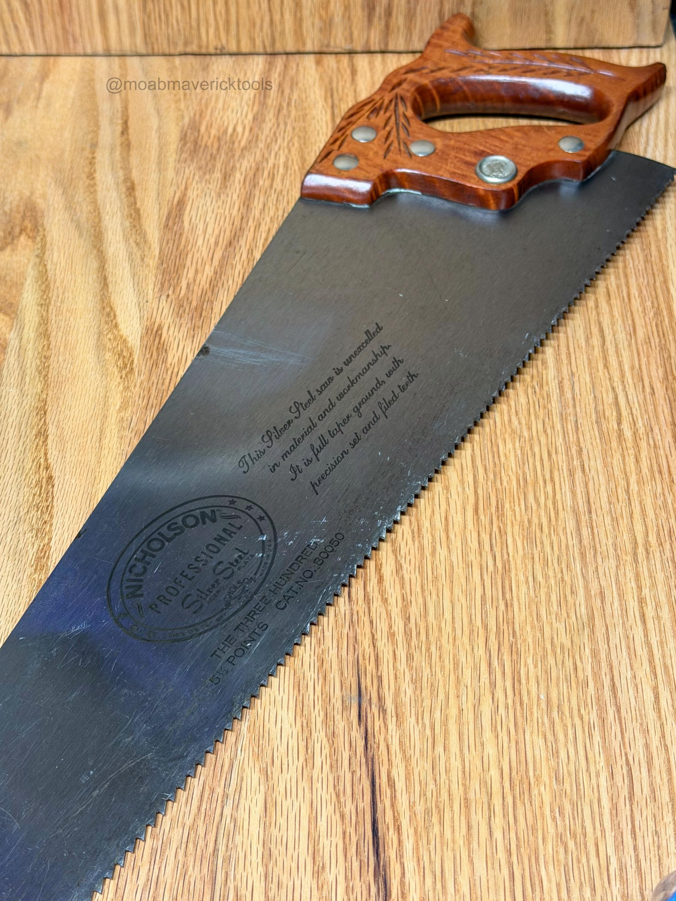 Vintage Nicholson Hand Saw The Three Hundred Silver Steel 26 Inch Panel Saw