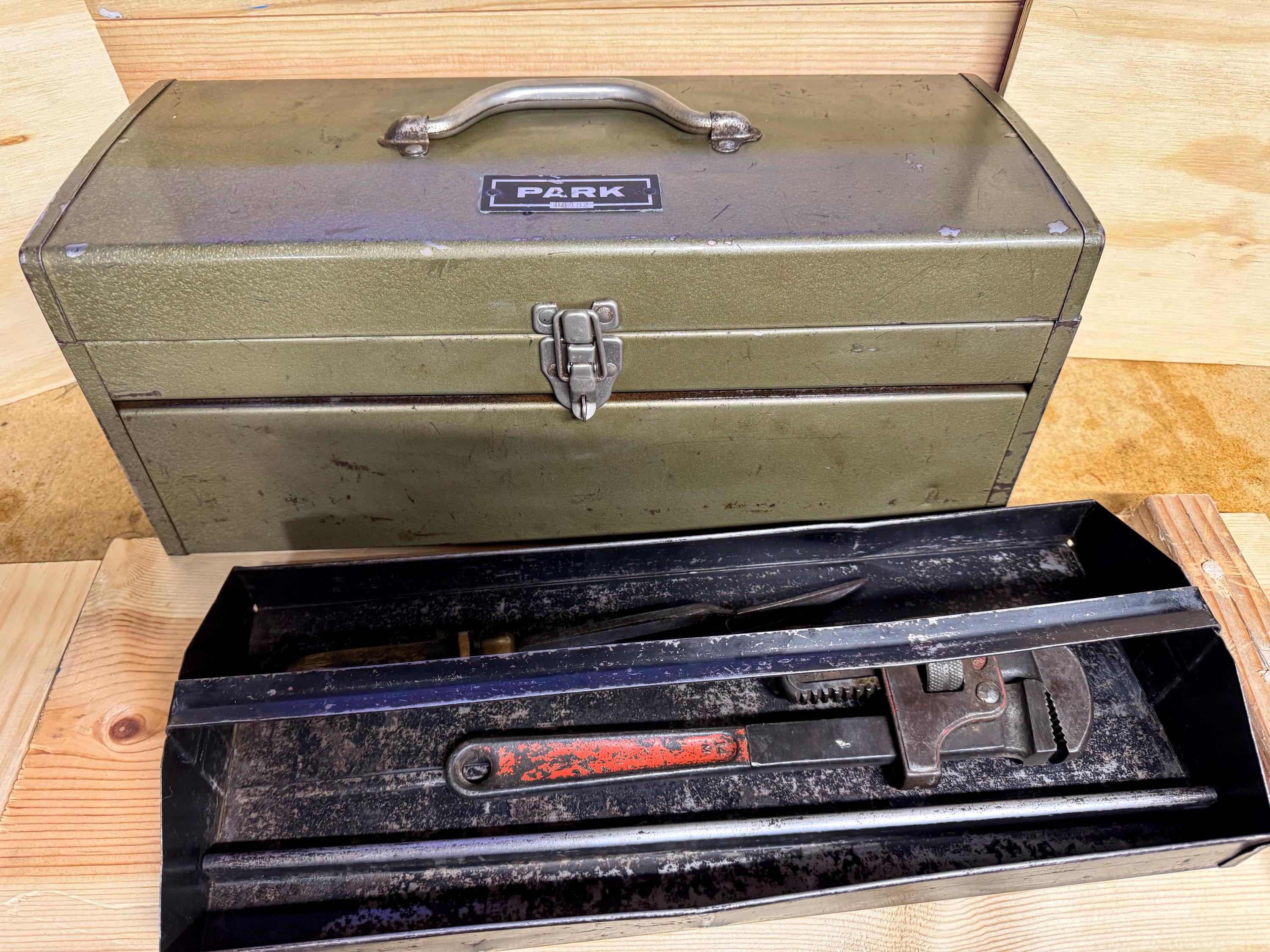 Vintage PARK Olive Green Steel Toolbox with Tray – Metal Tool Chest, Original Paint & Patina