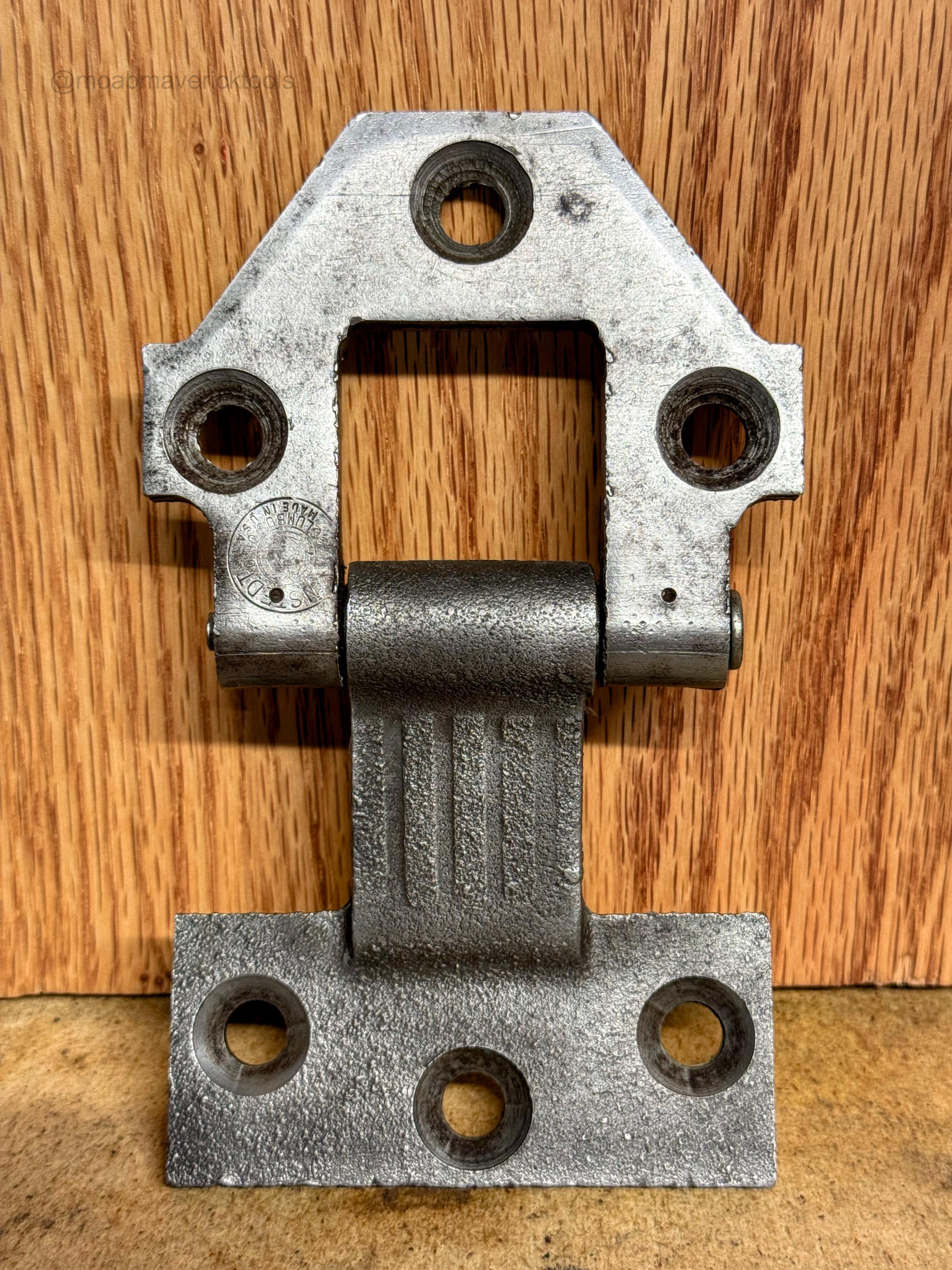 Vintage Columbus Ohio gate hinge – heavy steel offset hinge, USA-made industrial shop decor