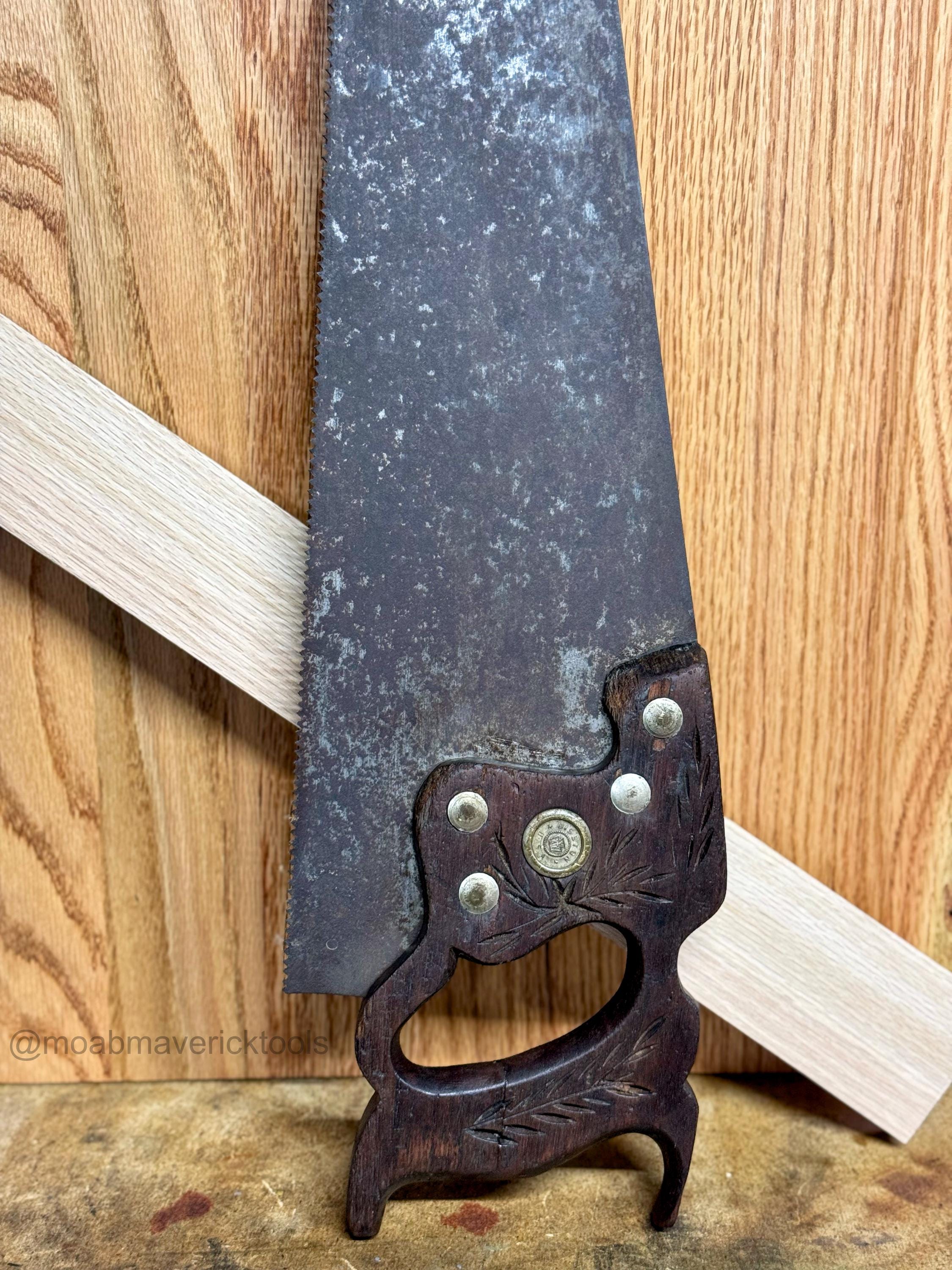Vintage Disston hand saw – mid-century crosscut, R & M Const Co handle, restored user / wall decor