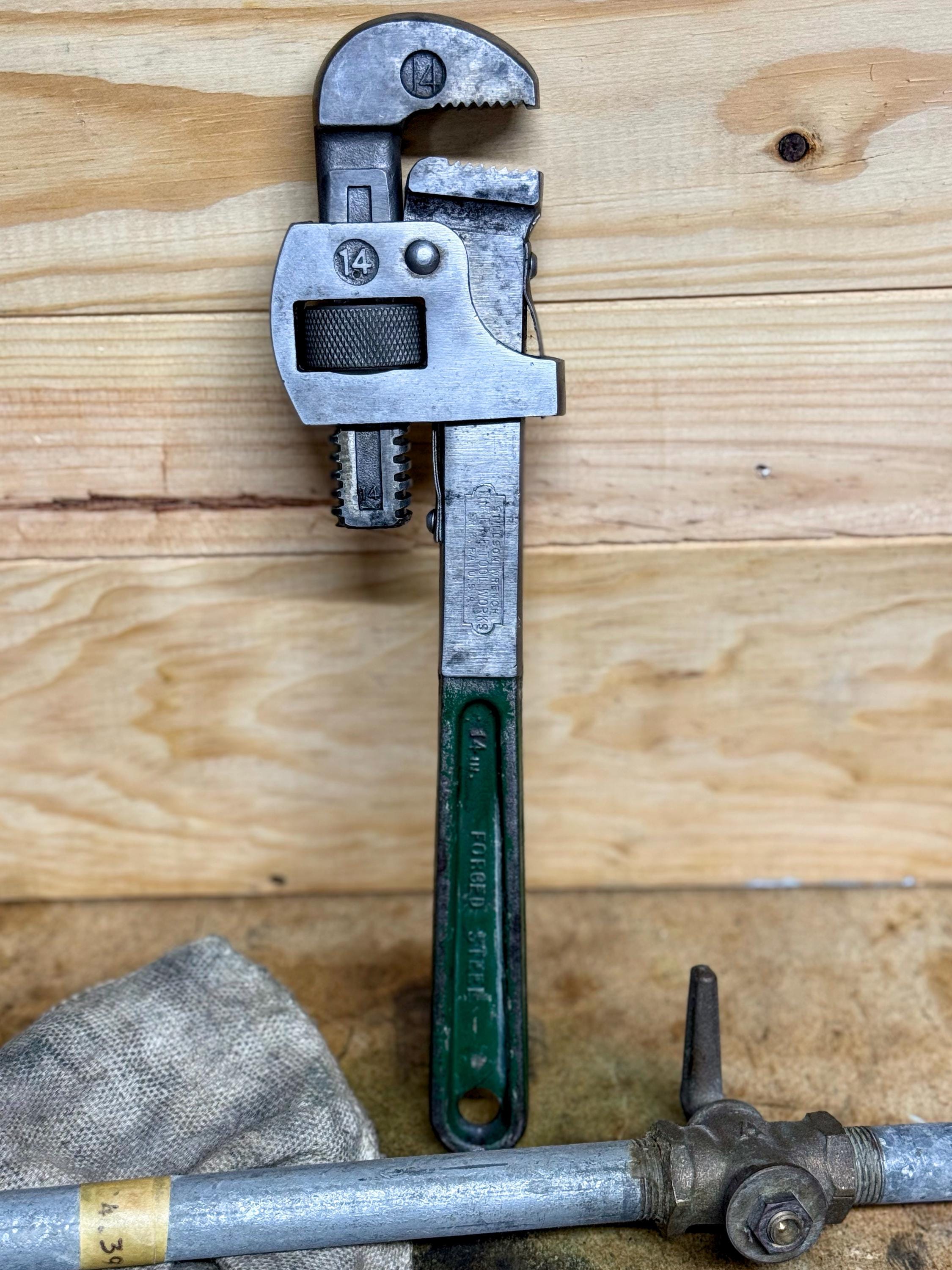 Vintage 14" Stillson Pipe Wrench – Erie Tool Works USA – Green Forged Steel Handle – 1940s Plumbing Wrench, Shop or Man Cave Decor