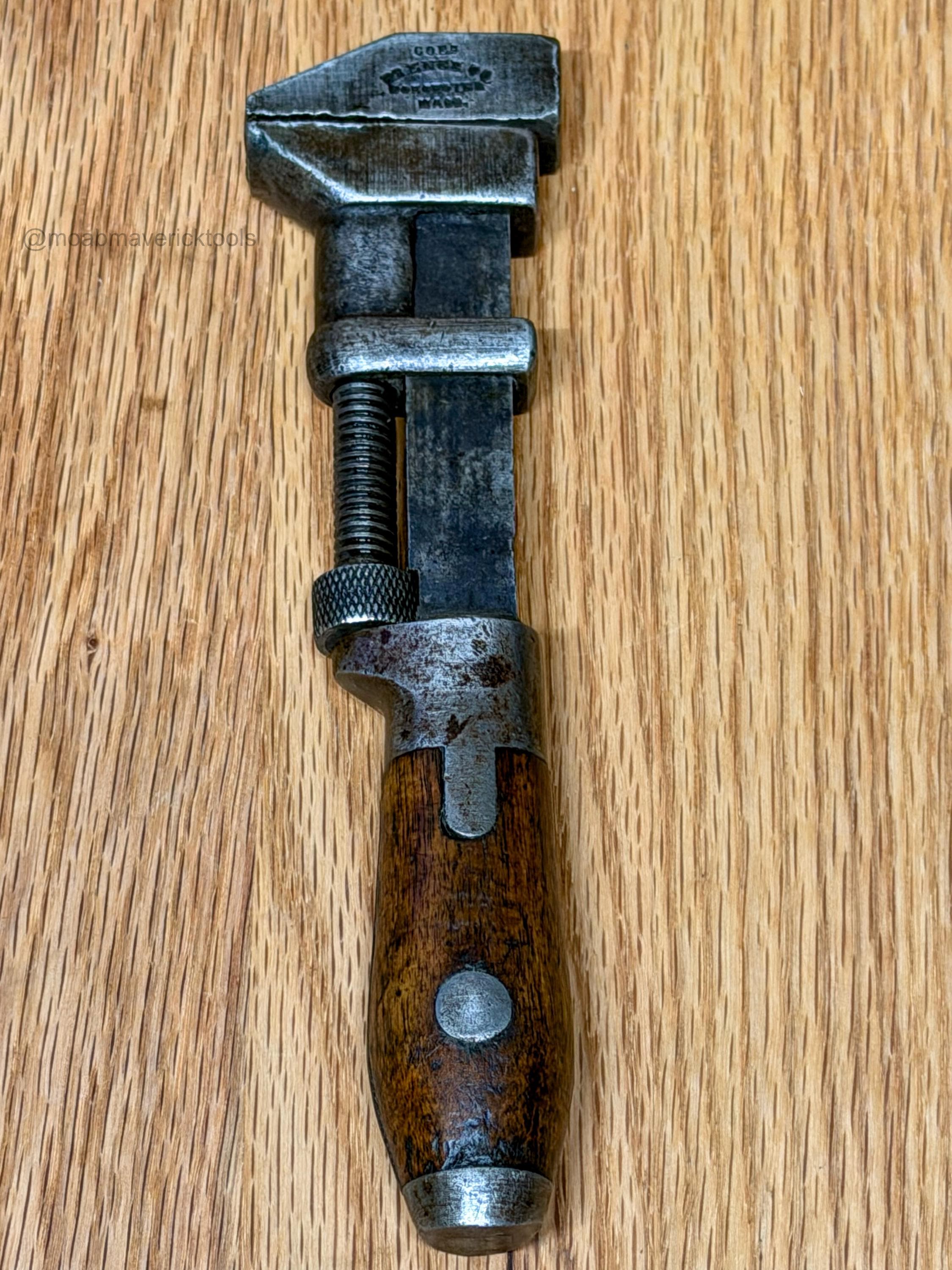 Vintage COES Knife Handle Monkey Wrench, 8-Inch Wood, Worcester Mass. Tool