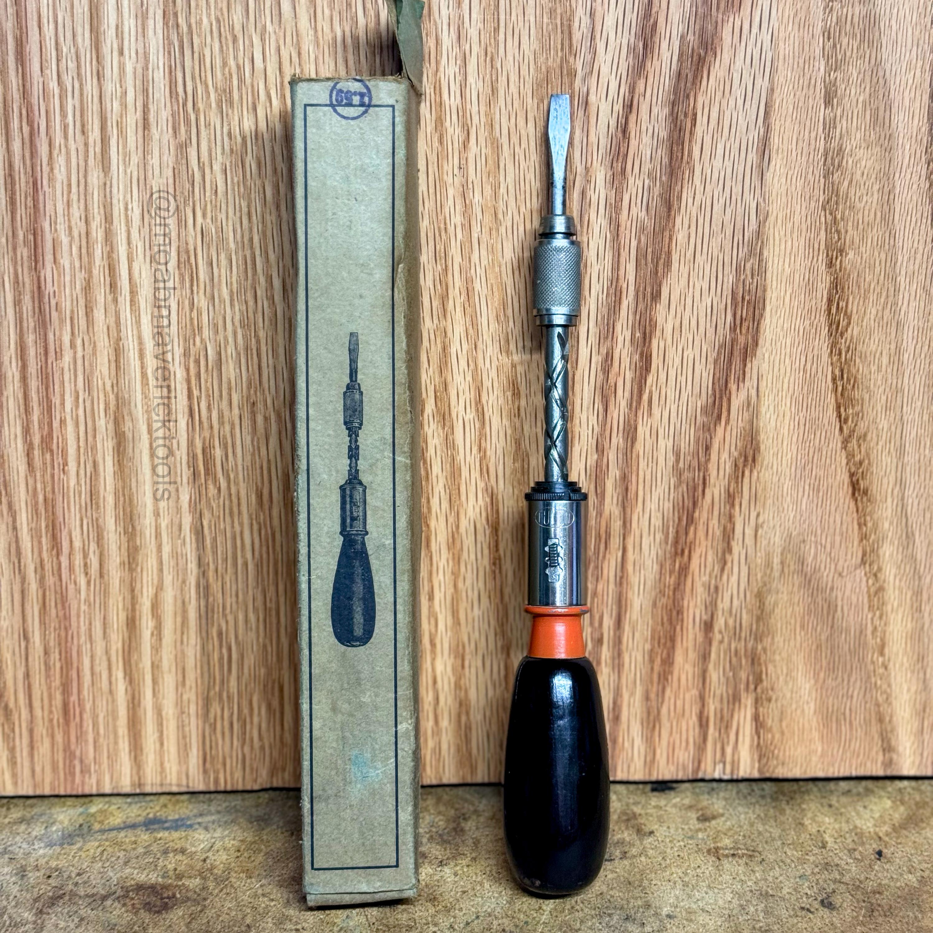 Vintage Fulton Spiral Ratcheting Screwdriver w/ Original Box – Made in Germany Push-Pull Driver, 1960s