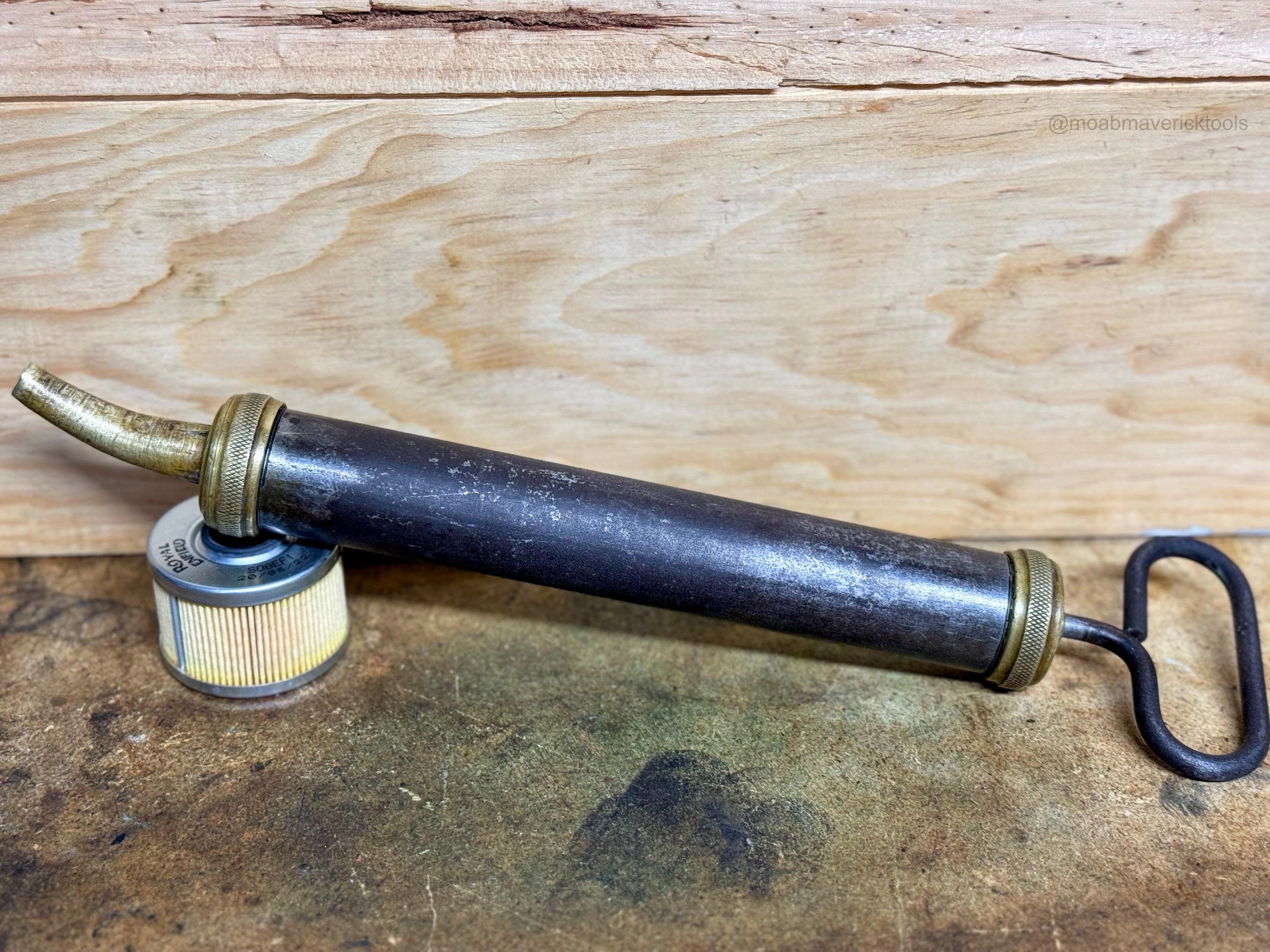 Vintage Steel and Brass Grease Gun • Manual Push Oil Gun • Mid-Century Garage & Shop Decor