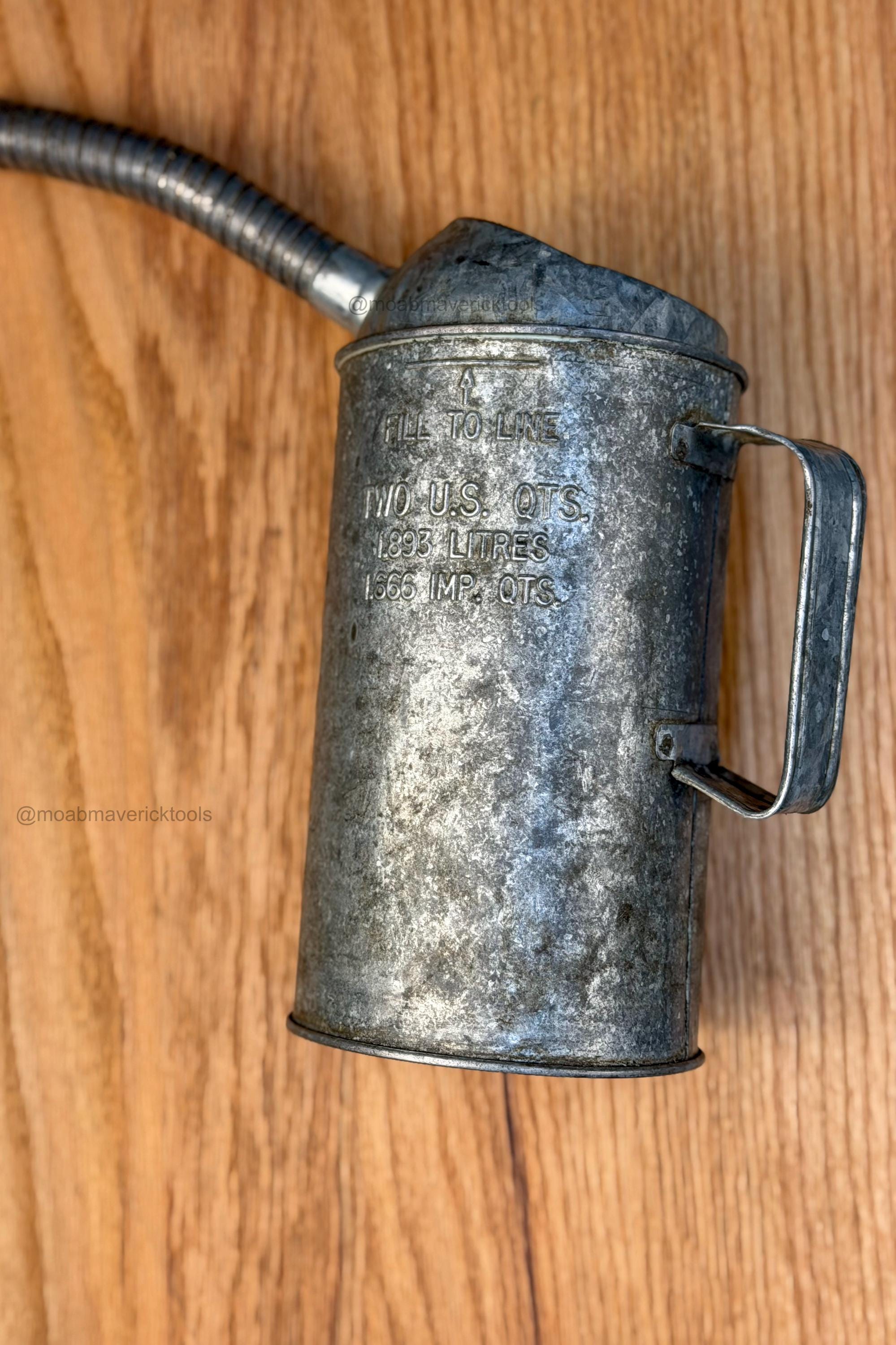 Vintage 2 Quart Automotive Oil Jug Flexible Spout Galvanized Pour Can Garage Service Station Decor