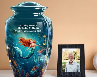 May include: A teal cremation urn with a mermaid design, featuring a red-haired mermaid swimming in an underwater scene. The urn has the inscription "In Loving Memory Michelle R. Dean Dec 07, 1965 - June 24, 2025". A framed photo sits beside it.