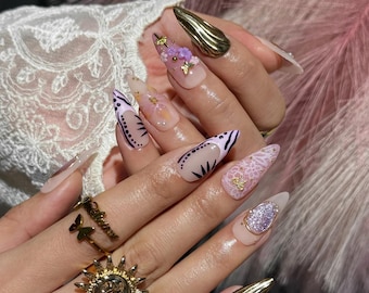Lilac Purple Gold Almond Press On Nails || Handmade Reusable || 3D Floral Butterfly || Chrome Sculpted Accent || Y2K Glam Nail Set