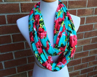 Stretch Infinity Scarf Red & Seafoam Rose