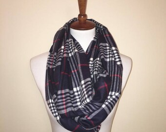 Navy Plaid Flannel Infinity Scarf