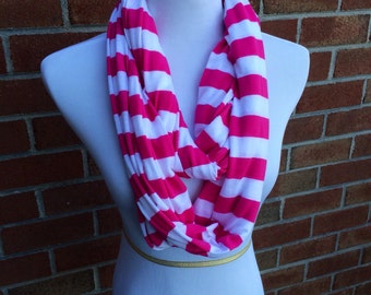 Cotton Blend Infinity Scarf Fuchsia & White Stripes