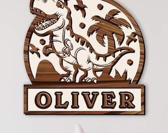 Personalized Dinosaur Name Sign for Kids Room, Custom Wooden Dino Nursery Wall Decor, T-Rex Name Plaque