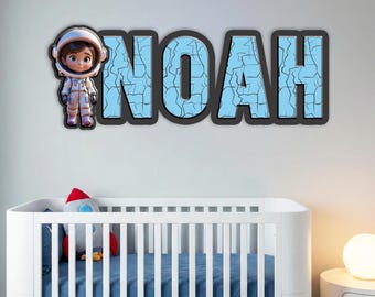 Personalized Astronaut Space Name Sign for Kids Room, Custom Wooden Name Decor for Space Themed Nursery, Boys Bedroom Wall Art