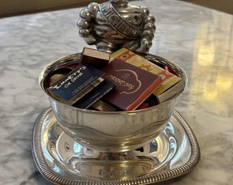 Funky Silver Plated Bowl With Plate Attched Trinket Holder Matchbook Dish