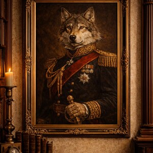 May include: A framed portrait of a wolf in a military uniform. The wolf has brown fur and is wearing a black jacket with gold trim, a red sash, and medals. The ornate gold frame complements the detailed painting, creating a regal aesthetic.