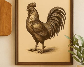 May include: A framed print featuring a detailed illustration of a rooster. The artwork is in shades of brown and tan, with the rooster's feathers and features meticulously rendered. The print is displayed in a dark brown wooden frame.
