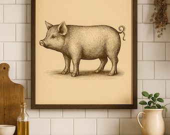 Lámina decorativa vintage de cerdo para pared, decoración de cocina rústica, ilustración campestre - Descarga instantánea