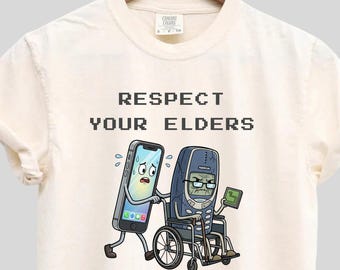 Camiseta para gamers "Respeta a tus mayores", camiseta tecnológica vintage, camiseta con diseño tecnológico retro y divertido, regalo divertido para el abuelo, regalo divertido para el padre, Comfort Colors®