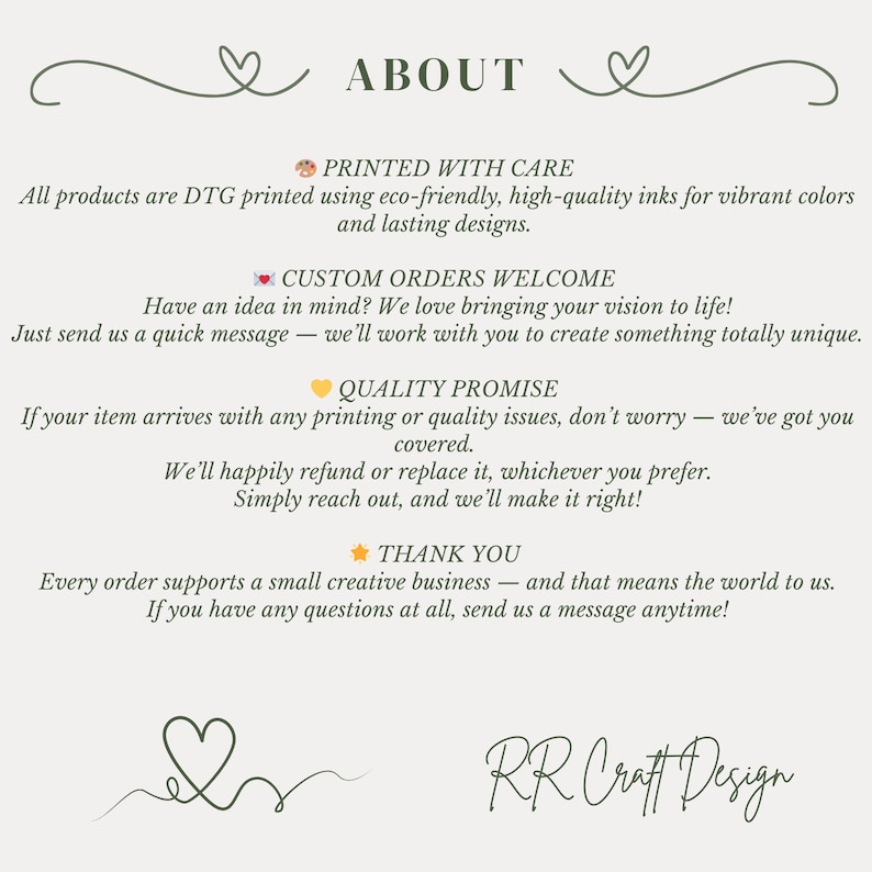 Puede incluir: Gr&aacute;fico color crema con la palabra "ABOUT" en la parte superior, seguido de texto que detalla la impresi&oacute;n, pedidos personalizados, garant&iacute;a de calidad y un mensaje de agradecimiento. La imagen incluye el logotipo de RR Craft Design.