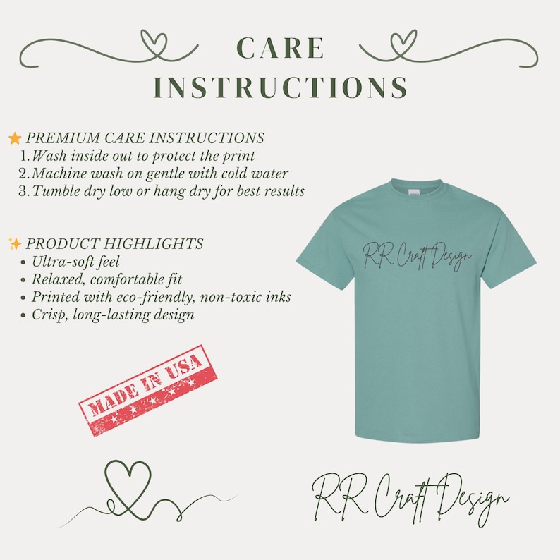 Puede incluir: Una camiseta verde agua con el texto "RR Craft Design" en escritura negra. La imagen tambi&eacute;n incluye instrucciones de cuidado, aspectos destacados del producto y un sello "Made in USA".