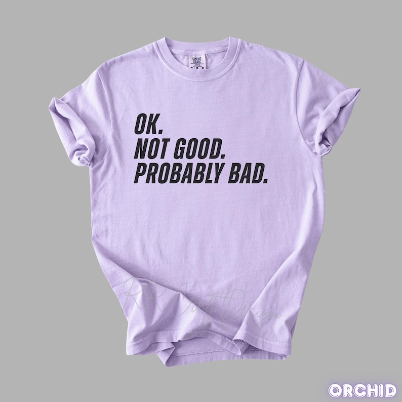 Pu&ograve; includere: T-shirt lilla chiaro con la scritta nera "OK. NON BUONO. PROBABILMENTE CATTIVO". La maglietta ha le maniche arrotolate e girocollo. Il tessuto sembra morbido. Un capo d'abbigliamento casual.