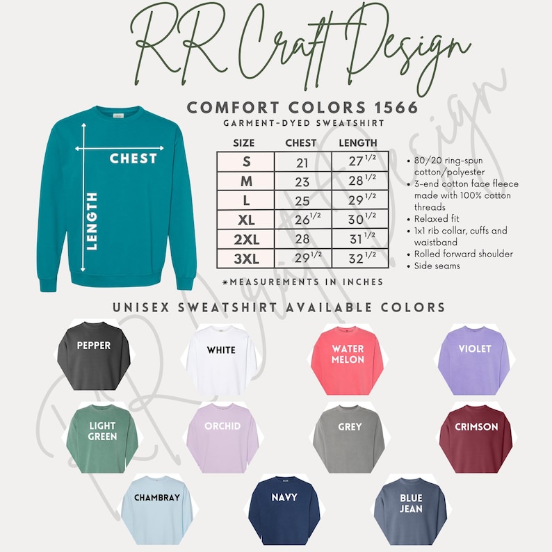 Puede incluir: Una sudadera unisex turquesa con una gu&iacute;a de medidas del pecho y una tabla de tallas. La tabla enumera las medidas de pecho y largo en pulgadas para las tallas S a 3XL. Los colores disponibles incluyen pimienta, blanco, sand&iacute;a, violeta, verde claro, orqu&iacute;dea, gris, carmes&iacute;, chambray, azul marino y vaquero.