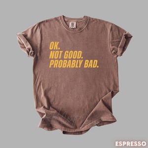 Pu&ograve; includere: T-shirt color espresso con la scritta "OK. NOT GOOD. PROBABLY BAD." in giallo. La maglietta ha un girocollo e maniche corte. Il tessuto appare morbido e leggermente sbiadito.