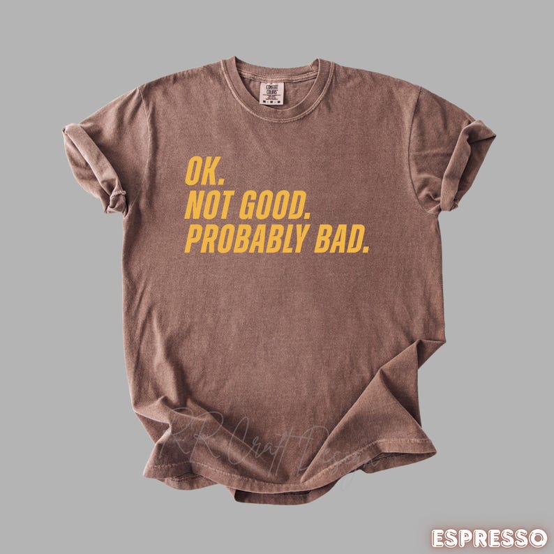 Pu&ograve; includere: T-shirt color espresso con la scritta "OK. NOT GOOD. PROBABLY BAD." in giallo. La maglietta ha un girocollo e maniche corte. Il tessuto appare morbido e leggermente sbiadito.