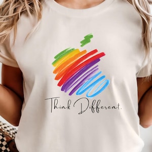 Think Different Apple T-Shirt, Colorful Apple Graphic Tee, Minimalist Rainbow IT Apparel