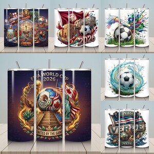 Pu&ograve; includere: Una collezione di bicchieri in acciaio inossidabile con disegni a tema calcistico. Ogni bicchiere presenta grafiche vivaci, tra cui bandiere, palloni da calcio e la scritta "FIFA WORLD CUP 2026". I disegni incorporano vari paesi ed elementi artistici.