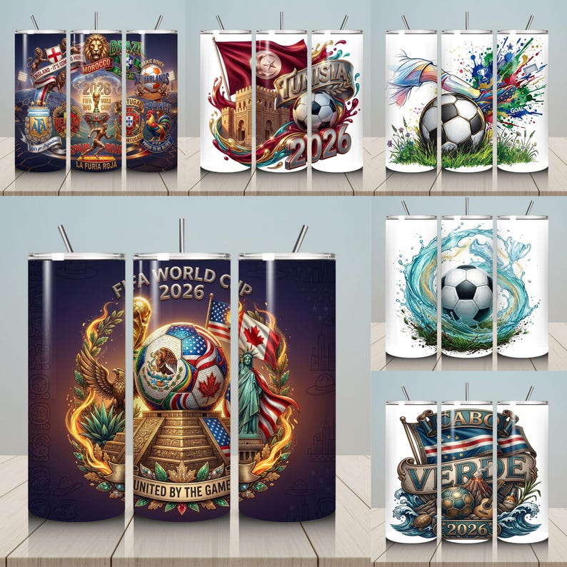 Pu&ograve; includere: Una collezione di bicchieri in acciaio inossidabile con disegni a tema calcistico. Ogni bicchiere presenta grafiche vivaci, tra cui bandiere, palloni da calcio e la scritta "FIFA WORLD CUP 2026". I disegni incorporano vari paesi ed elementi artistici.