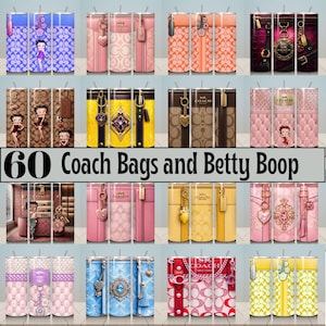 Op de afbeelding: Een verzameling geïsoleerde bekers met verschillende ontwerpen, waaronder Coach-tassenpatronen, Betty Boop-illustraties en decoratieve elementen. De bekers hebben een reeks kleuren, waaronder roze, oranje, geel en blauw, met de tekst "60 Coach Bags and Betty Boop".
