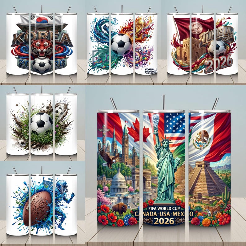 Pu&ograve; includere: Una collezione di bicchieri in acciaio inossidabile bianchi con vari design. I design includono palloni da calcio, bandiere e i testi "KOREA 2026", "TUNISIA 2026" e "FIFA WORLD CUP CANADA USA MEXICO 2026". Ogni bicchiere ha una cannuccia d'argento.