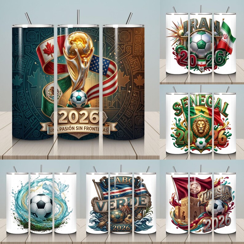 Pu&ograve; includere: Una collezione di bicchieri in acciaio inossidabile con vari disegni a tema calcistico. Uno presenta il trofeo della Coppa del Mondo 2026 con le bandiere di Canada, Stati Uniti e Messico. Altri bicchieri mostrano bandiere e grafiche per Iran, Senegal, Capo Verde e Tunisia.